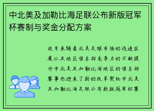 中北美及加勒比海足联公布新版冠军杯赛制与奖金分配方案